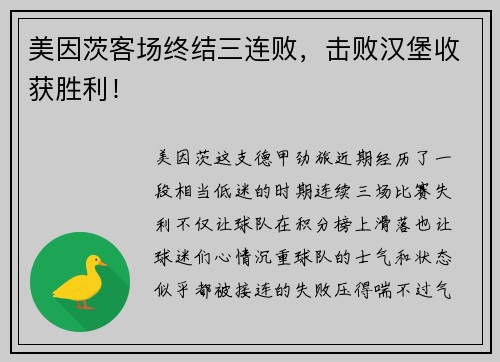 美因茨客场终结三连败，击败汉堡收获胜利！