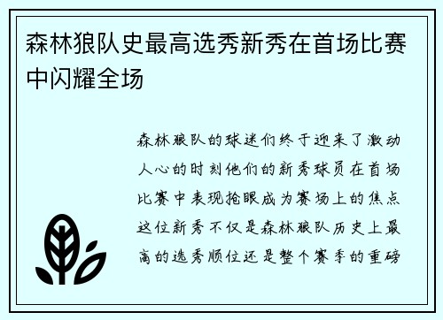 森林狼队史最高选秀新秀在首场比赛中闪耀全场