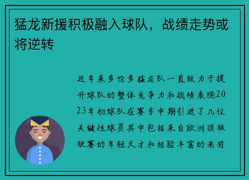 猛龙新援积极融入球队，战绩走势或将逆转